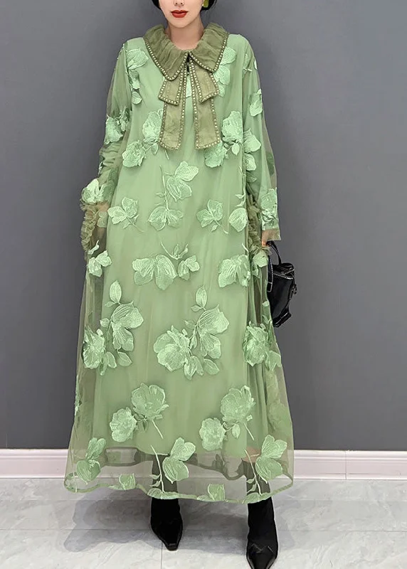 sophisticated dresssophisticated dressWomen Green Peter Pan Collar Embroideried Patchwork Tulle Long Dresses Long Sleeve