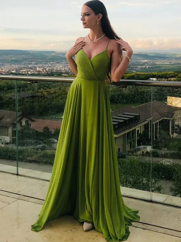 Limited Edition A Line V Neck Green Chiffon Long Prom Dresses with Leg Slit, V Neck Green Formal Graduation Evening Dresses SP2423