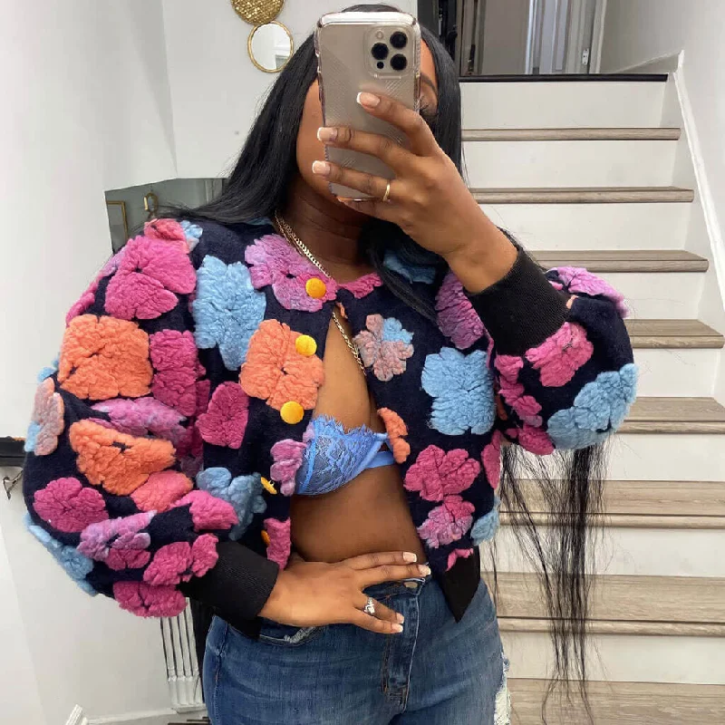 Midnight Madness Vintage Flocked Floral Crew Neck Bishop Sleeve Button Front Crop Bomber Jacket