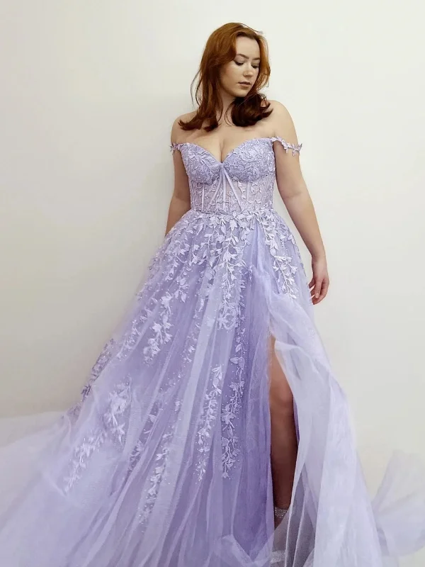 textured dresstextured dressOff Shoulder Purple Lace Long Prom Dresses with High Slit, Purple Lace Formal Dresses, Purple Evening Dresses SP2641