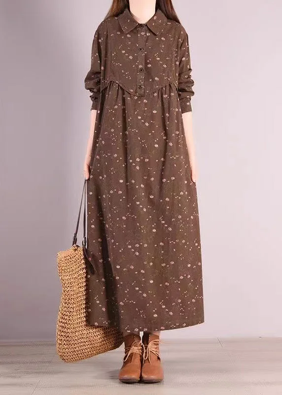 Markdown Madness Bohemian Coffee Peter Pan Collar Patchwork Cotton Dress Fall
