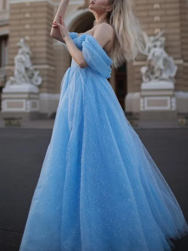 luxury dressluxury dressOff Shoulder Light Blue Tulle Long Prom Dresses with High Slit, Light Blue Tulle Formal Graduation Evening Dresses SP2761