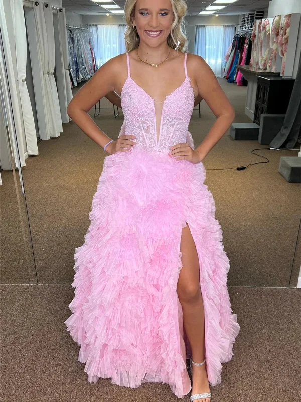 off-the-shoulder dressoff-the-shoulder dressV Neck Pink Lace Long Prom Dresses with High Slit, Pink Lace Formal Dresses, Pink Ruffle Evening Dresses SP2813