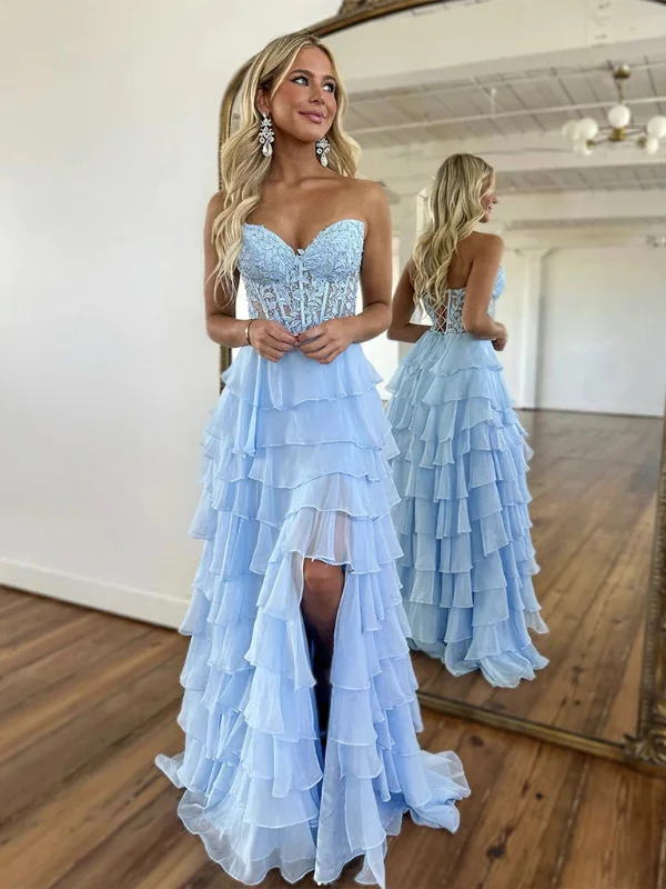 minimalistic dressminimalistic dressStrapless High Low Light Blue Lace Layered Long Prom Dresses, Blue Lace Formal Graduation Evening Dresses SP2895