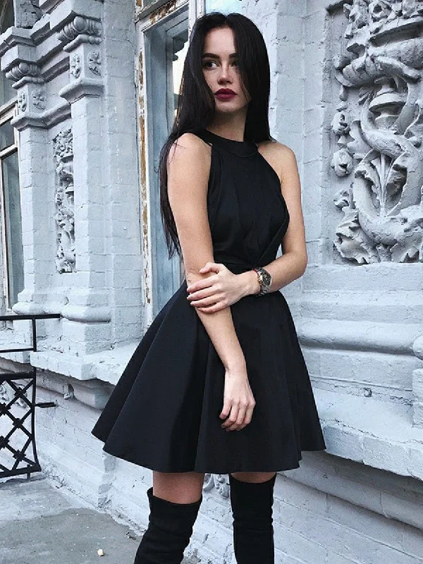 Best Seller Black A Line Round Neck Pleated Satin Homecoming Dresses Short Prom Dresses, Black Formal Graduation Evening Dresses
