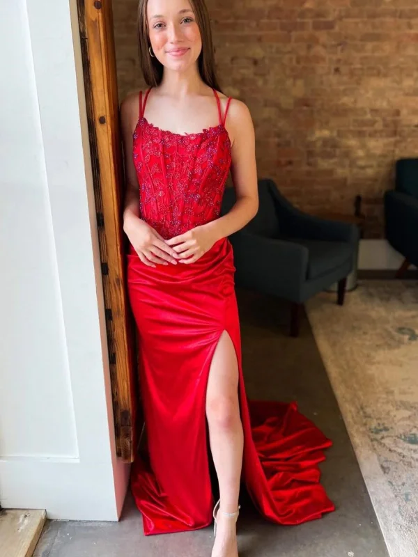 v-neck dressv-neck dressOpen Back Mermaid Red Lace Long Prom Dresses with High Slit, Red Lace Formal Dresses, Red Evening Dresses with Train SP2812