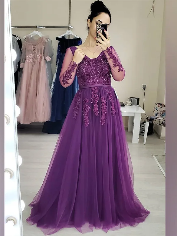 Special Price Long Sleeves Beaded Purple Lace Long Prom Dresses, Purple Lace Formal Dresses, Purple Evening Dresses