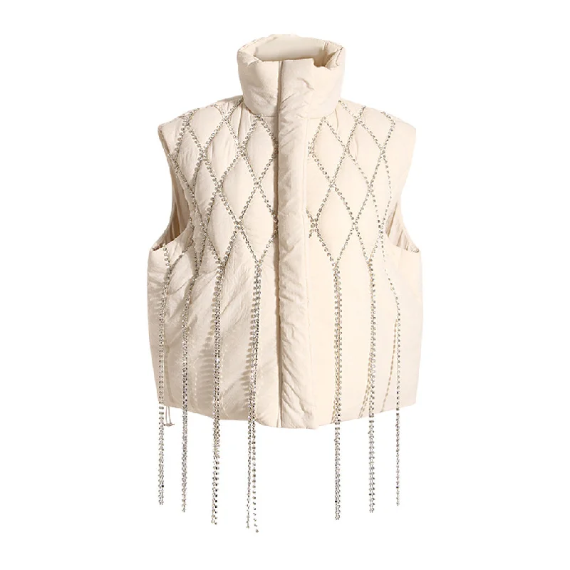 Bargain Prices Glitzy Crystal Embellished Fringe Stand Collar Quilted Puffer Vest