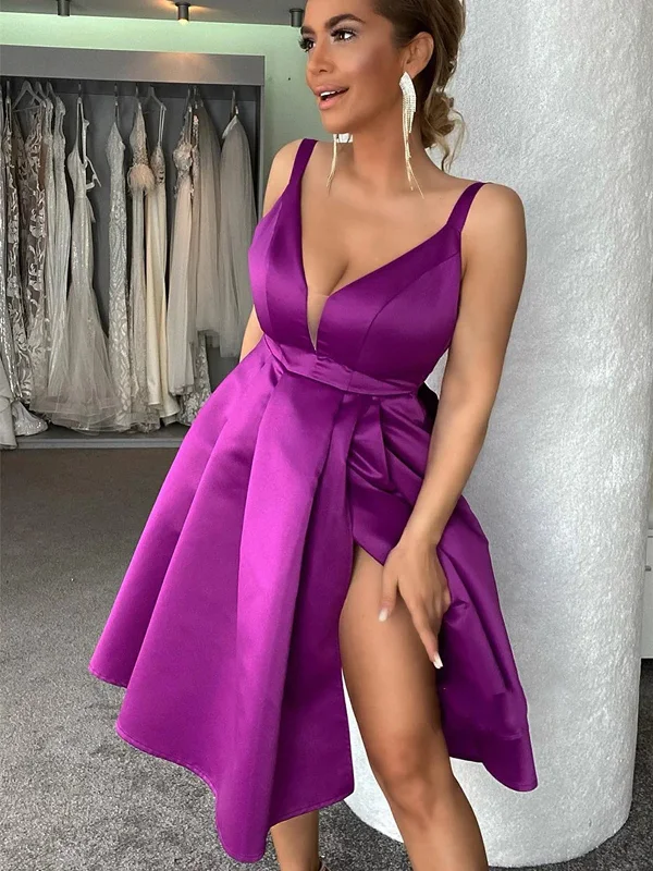 chic dresschic dressV Neck Purple Short Prom Homecoming Dresses with High Slit, Short Purple Formal Graduation Evening Dresses SP2426