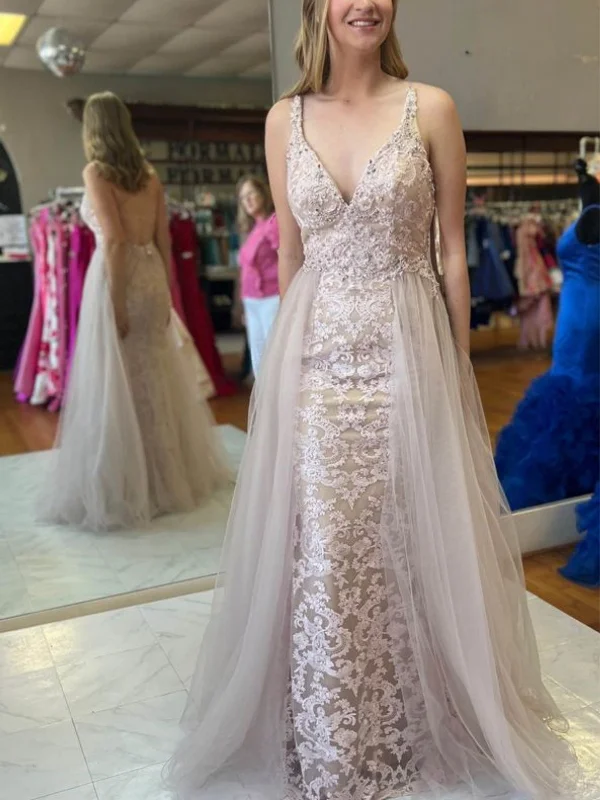 casual day dresscasual day dressV Neck Backless Mermaid Champagne Lace Long Prom Dresses, Champagne Lace Formal Graduation Evening Dresses SP3078