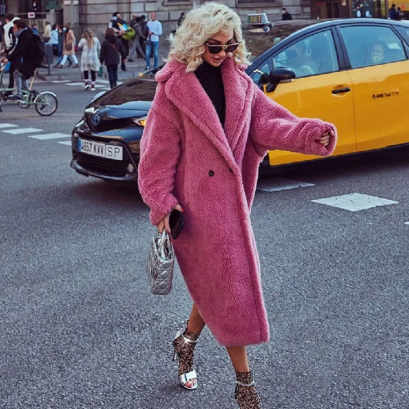 Price Blitz Oversized Lapel Double Breasted Faux Shearling Long Teddy Coat - Pink