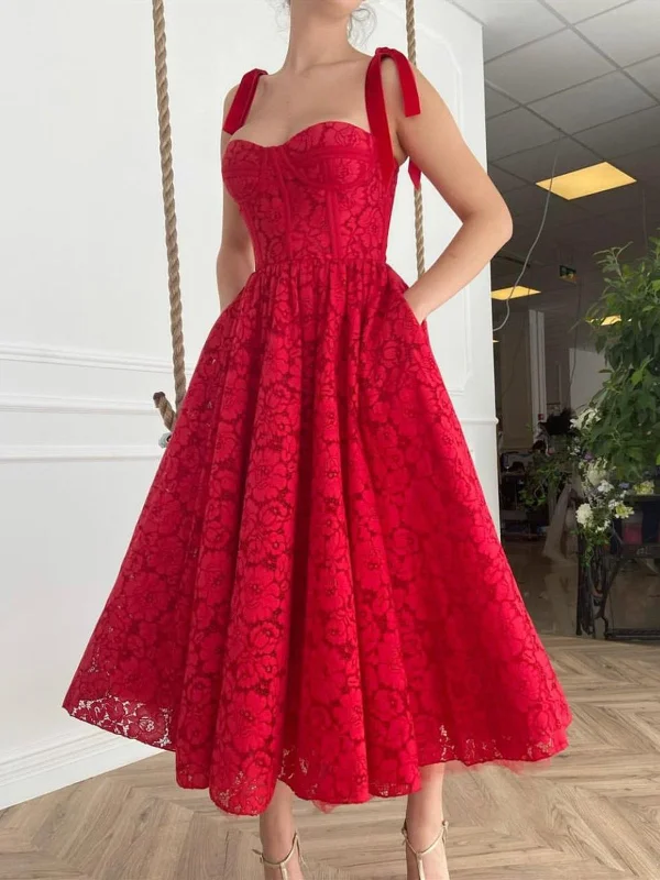 Best Bargains A Line Red Lace Tea Length Prom Dresses with Pocket, Red Lace Formal Evening Dresses Best Bargains A Line Red Lace Tea Length Prom Dresses with Pocket, Red Lace Formal Evening Dresses