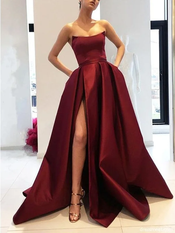 Low Prices A Line Strapless High Slit Burgundy/Pink/Black Prom Dresses, High Slit Formal Dresses, Graduation Dresses