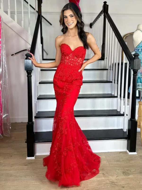 pleated maxi dresspleated maxi dressStrapless Mermaid Red Lace Long Prom Dresses, Red Lace Formal Dresses, Mermaid Red Evening Dresses SP2604