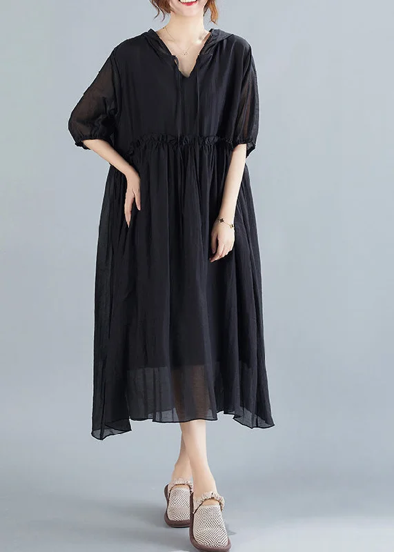 Instant Discount Black Neck Tie Ruffled Long Dresses Short Sleeve
