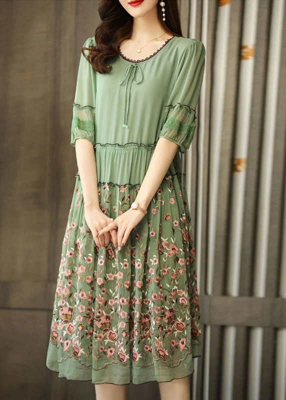 Time-Limited Offer Green Chiffon Long Dress Ruffled Embroideried Summer