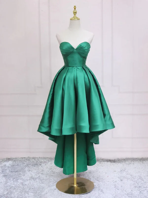 chic slip dresschic slip dressHigh Low Sweetheart Neck Green Satin Prom Dresses, Strapless Green Homecoming Dresses, Short Green Formal Graduation Evening Dresses SP2718