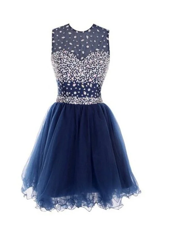 Amazing Deals Custom Made A Line Round Neck Short Dark Blue Prom Dresses, Homecoming Dresses