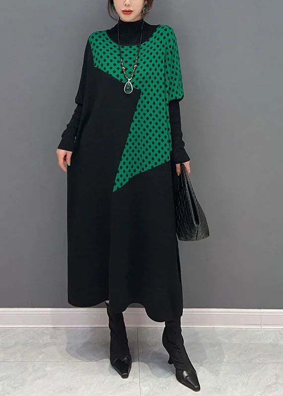 casual dresscasual dressBoutique Black Hign Neck Dot Patchwork Knit Dresses Winter