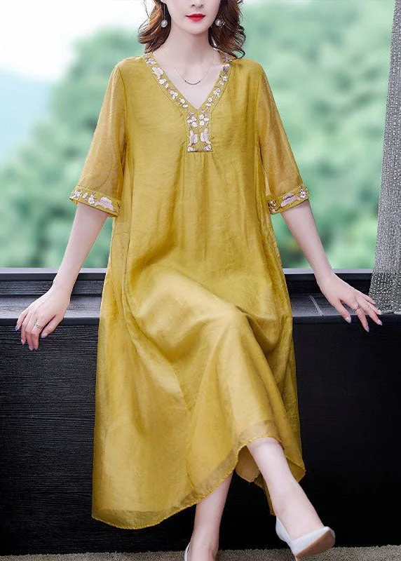 Season Finale Sale Yellow Linen A Line Dress Embroideried Exra Large Hem Summer