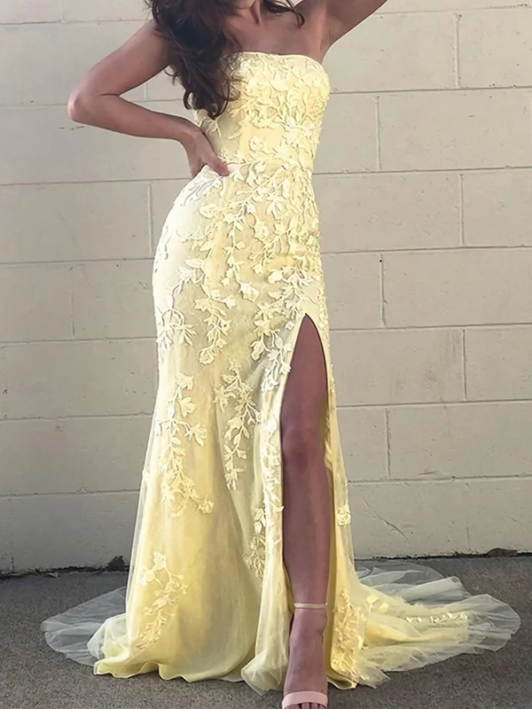 Special Savings Strapless Mermaid Yellow/Purple/Pink Lace Long Prom Dresses, Yellow/Purple/Pink Lace Formal Evening Dresses