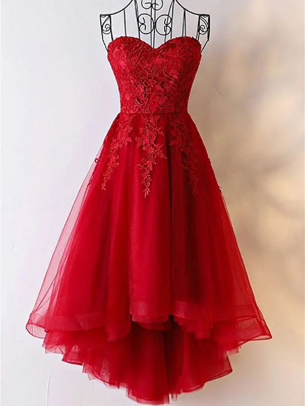 Deep Discounts Red High Low Strapless Lace Tulle Prom Dresses, Red Lace Formal Evening Dresses, Red Graduation Dresses Deep Discounts Red High Low Strapless Lace Tulle Prom Dresses, Red Lace Formal Evening Dresses, Red Graduation Dresses