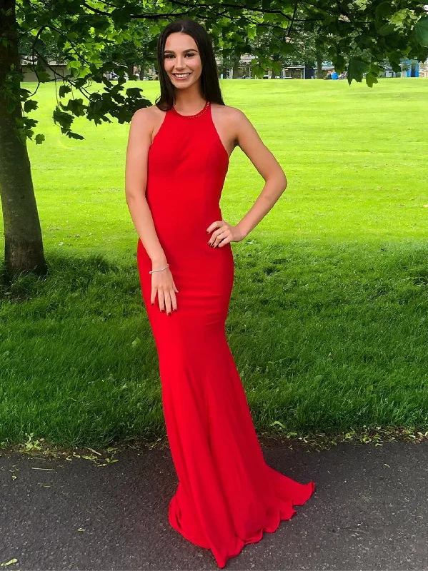 Closeout Sale Red Mermaid Backless Long Prom Dresses, Mermaid Red Formal Dresses, Red Evening Dresses