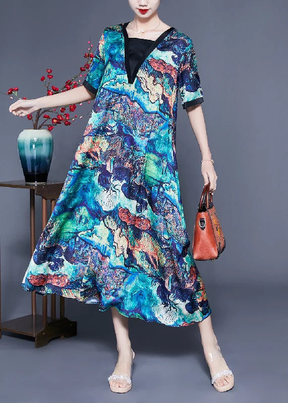 casual dresscasual dressUnique Blue Square Collar Patchwork Tie Dye Silk Robe Dresses Summer