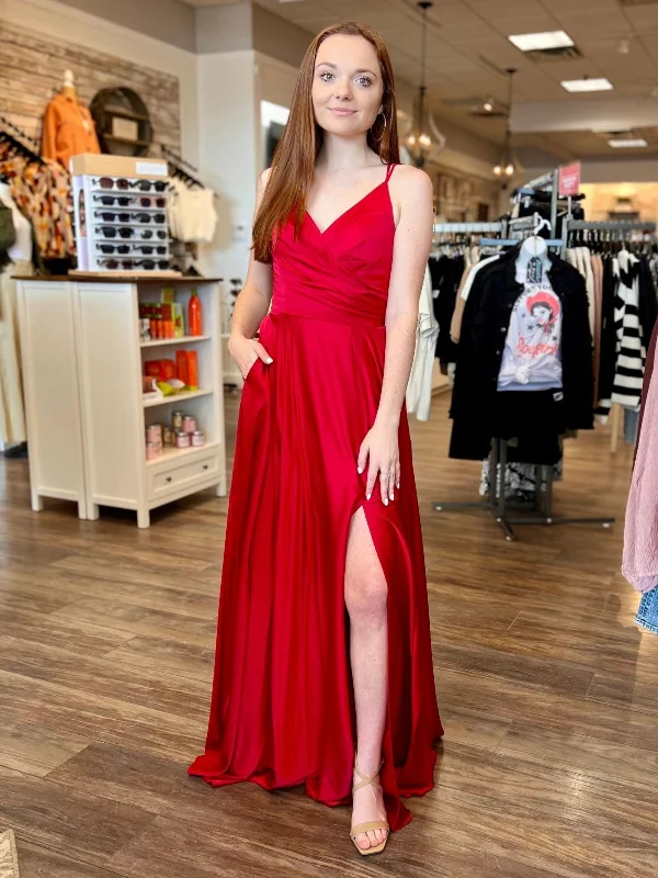 mini dressmini dressSimple V Neck Red Satin Long Prom Dresses with Leg Slit, V Neck Red Formal Graduation Evening Dresses SP2584