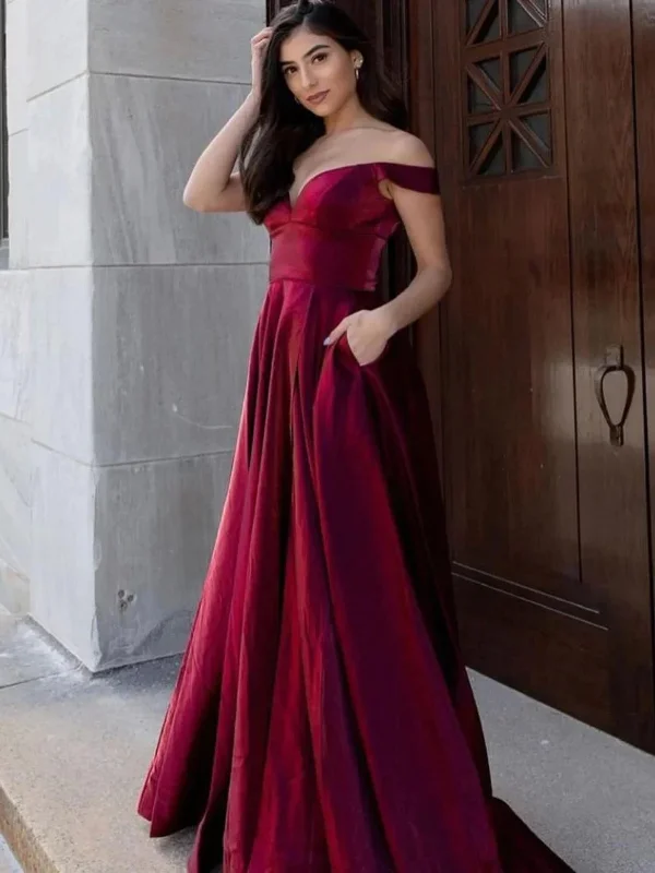 midi dressmidi dressOff Shoulder Burgundy Velvet Long Prom Dresses with Pocket, Long Burgundy Formal Graduation Evening Dresses SP2650