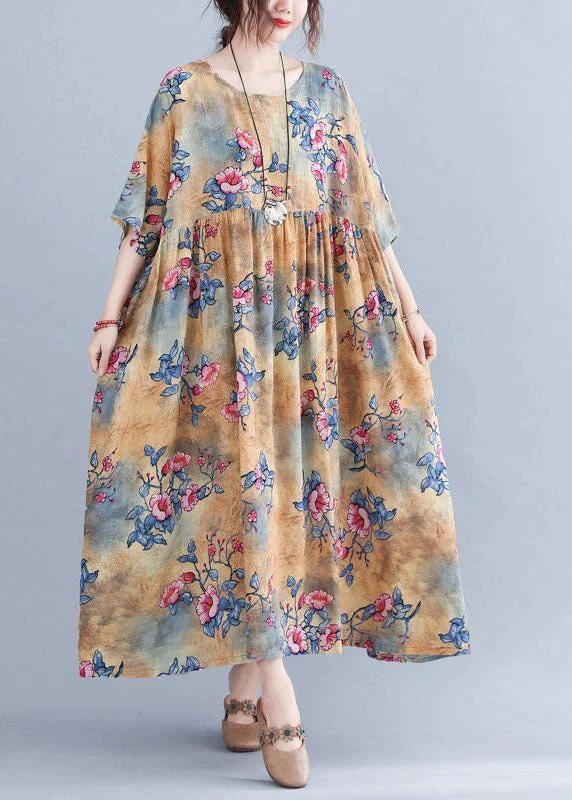 Incredible Offers Classy Khaki Oversized Print Cotton Maxi Dress Short Sleeve