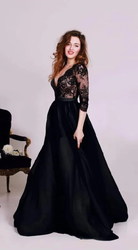 winter dresswinter dressSexy Deep V-neckline Black Long Sleeve Lace Plus Size Evening Dress