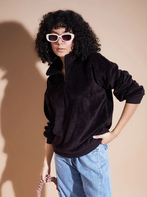 Holiday Sale Women Black Front Zipper High Neck Sweatshirt