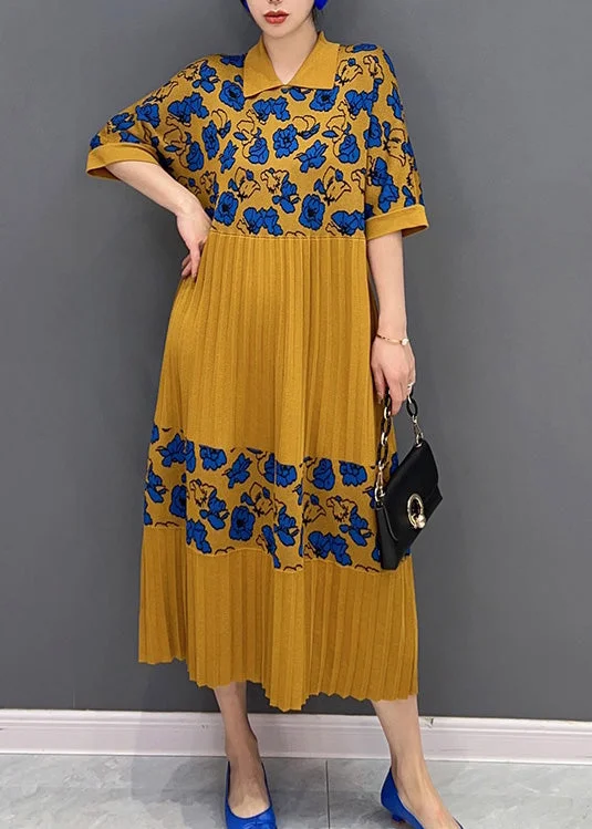 ruched dressruched dressFrench Yellow Peter Pan Collar Print Knit Patchwork Maxi Dress Half Sleeve