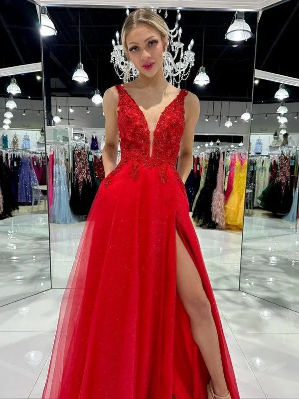 trendy bodycon dresstrendy bodycon dressA Line V Neck Red Lace Long Prom Dresses with High Slit, Red Lace Formal Graduation Evening Dresses SP3025