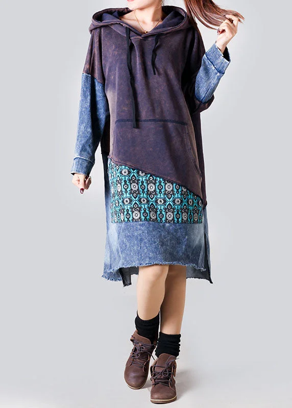 office dressoffice dressBoho Purple Hooded Denim Patchwork Cotton Dress Spring