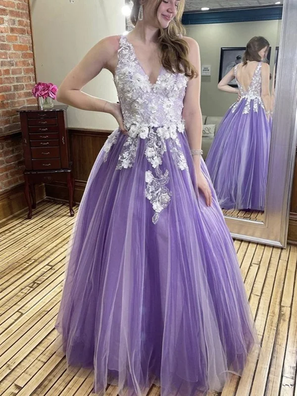 Sneak Peek Sale V Neck and V Back Purple Lace Floral Prom Dresses, 3D Flower Purple Long Formal Evening Dresses Sneak Peek Sale V Neck and V Back Purple Lace Floral Prom Dresses, 3D Flower Purple Long Formal Evening Dresses