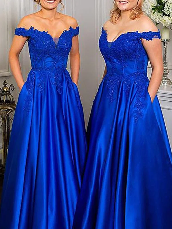 Mega Sale Off Shoulder Beaded Royal Blue Lace Long Prom Dresses, Royal Blue Lace Formal Graduation Evening Dresses SP2232