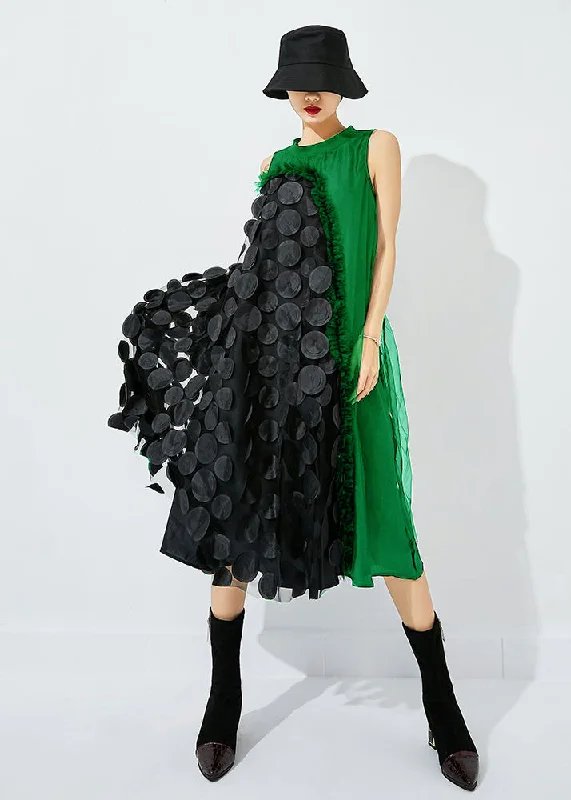 playful dressplayful dressBohemian Light Green-Black Dot Asymmetrical Patchwork Wrinkled Tulle Maxi Dress Sleeveless