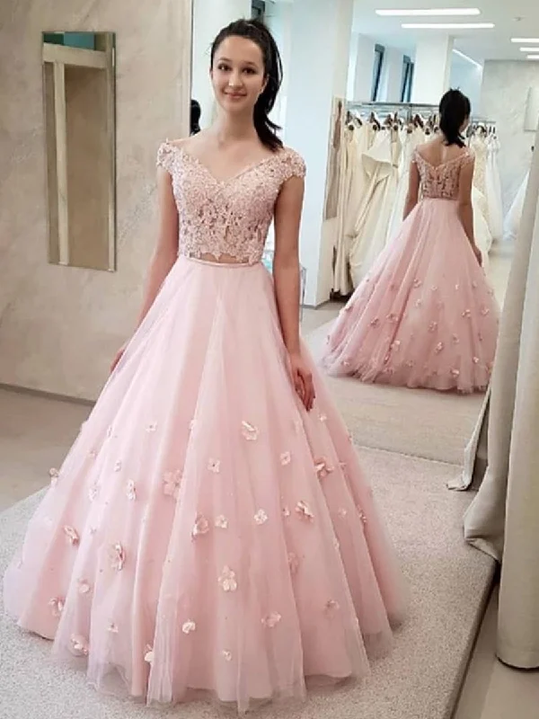 Huge Savings Off the Shoulder 2 Pieces Pink Lace Prom Dresses with 3D Flowers, Off Shoulder Pink Lace Formal Dresses, Two Pieces Pink Lace Evening Dresses