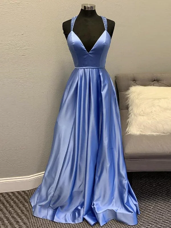 Low Prices A Line V Neck Backless Blue Long Prom Dresses, Open Back Blue Formal Graduation Evening Dresses Low Prices A Line V Neck Backless Blue Long Prom Dresses, Open Back Blue Formal Graduation Evening Dresses