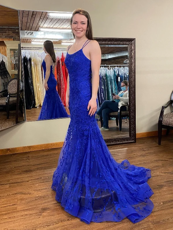 modern dressmodern dressOpen Back Mermaid Blue Lace Long Prom Dresses, Blue Lace Formal Dresses, Mermaid Blue Evening Dresses SP2471