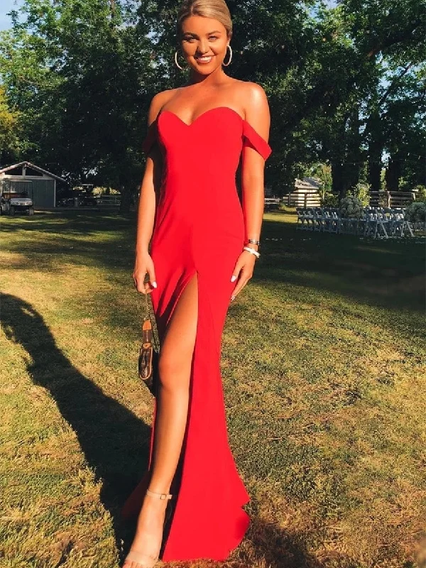 Savings Galore Maxi Off Shoulder Mermaid Long Red Prom Dresses with High Slit, Off Shoulder Red Formal Dresses, Mermaid Red Evening Dresses
