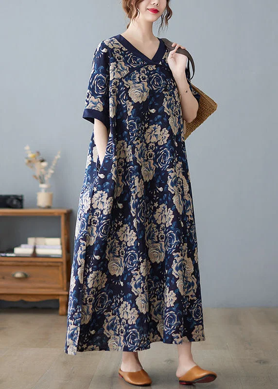 shift dressshift dressBoho Navy Oversized Print Cotton Vacation Dresses Summer