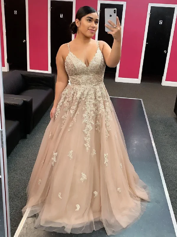 YEAR-End Sale A Line V Neck Champagne Lace Long Prom Dresses, Champagne Lace Formal Dresses, Champagne Evening Dresses