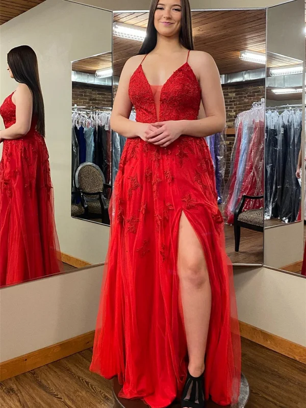 spaghetti strap dressspaghetti strap dressV Neck Open Back Red Lace Long Prom Dresses with High Slit, Red Lace Formal Dresses, Red Evening Dresses SP2848