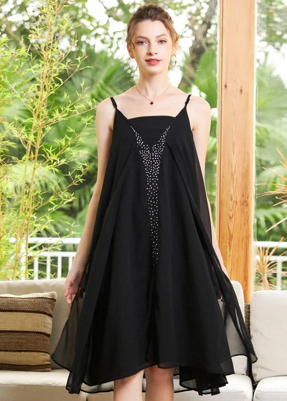 Savings Spectacular Elegant Black Oversized Diamond Chiffon Spaghetti Strap Dress Summer Savings Spectacular Elegant Black Oversized Diamond Chiffon Spaghetti Strap Dress Summer