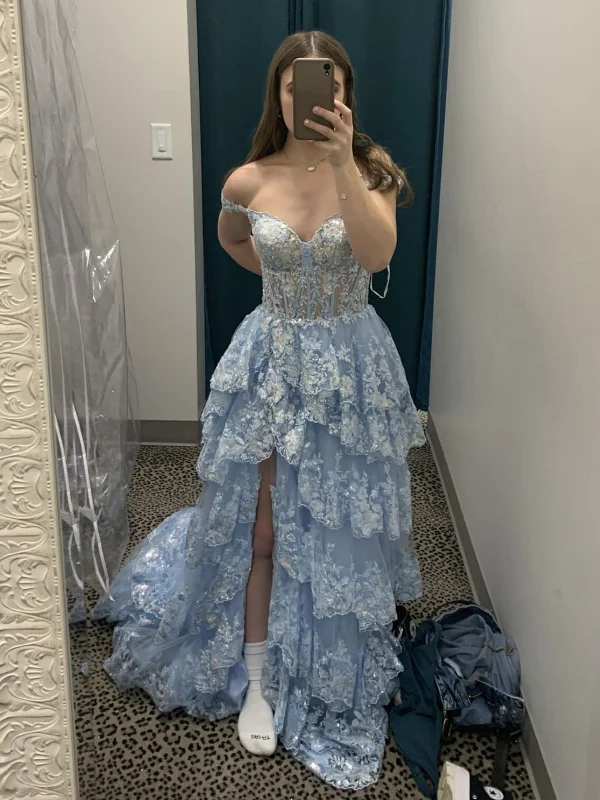 minimalistic dressminimalistic dressOff Shoulder Layered Light Blue Lace Long Prom Dresses with High Slit, Light Blue Lace Formal Dresses, Light Blue Evening Dresses SP3058