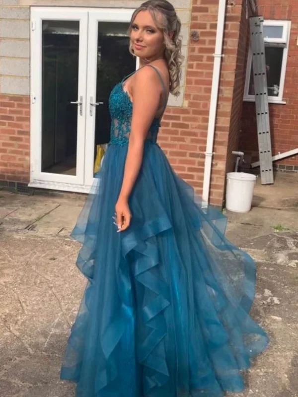 vintage dressvintage dressV Neck Fluffy Blue Lace Long Prom Dresses, Blue Lace Formal Dresses, Blue Evening Dresses SP2660