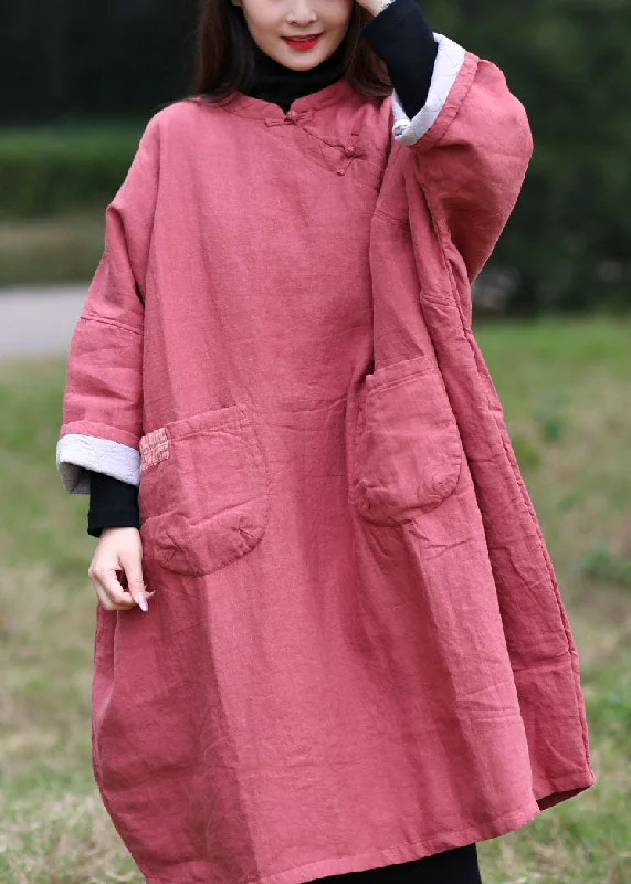 midi dressmidi dressFine Pink Oriental Button Oversized Pockets Cotton Filled Dress Spring